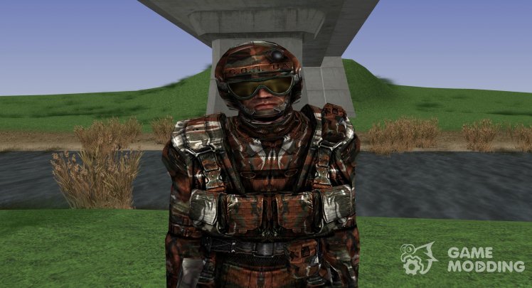 Член группировки Отряд Альфа в камуфляжном бронекостюме «Берилл-5М» со шлемом «Сфера-08» из S.T.A.L.K.E.R