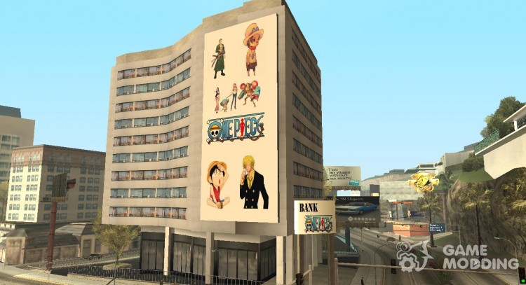 A new poster on the Bank building with the main character from One Piece for GTA San Andreas