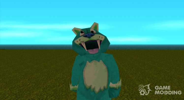 A man in a turquoise suit of a fat saber-toothed tiger from Zoo Tycoon 2