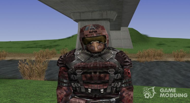 A member of the group alpha team in a camouflage suit SKAT-9M of S. T. A. L. K. E. R