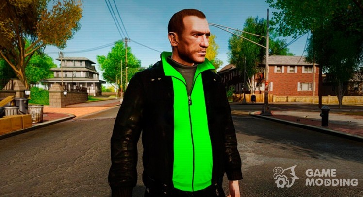 Чёрная куртка и зелёная футболка
