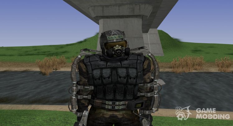 A member of the group Enlightenment in the Exo with upgraded helmet of the S. T. A. L. K. E. R