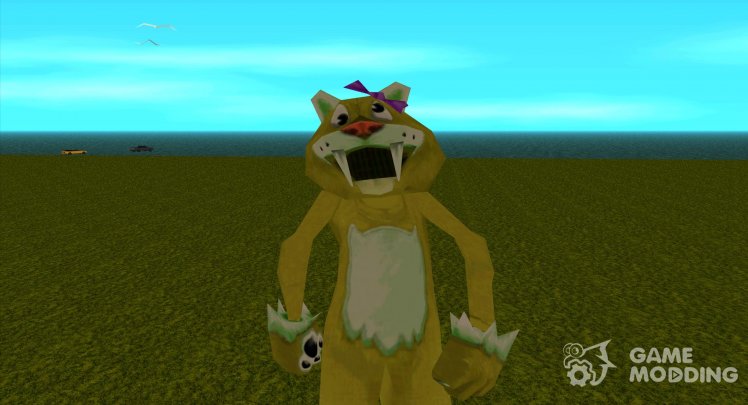 A man in a yellow suit of a thin saber-toothed tiger from Zoo Tycoon 2