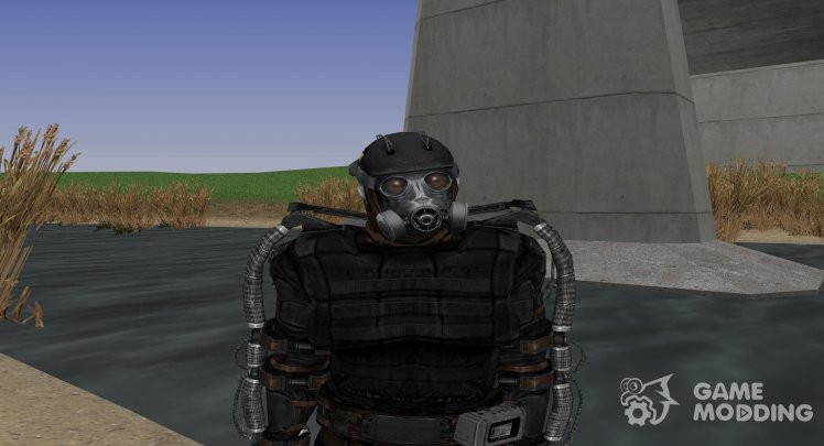 A member of the group Infernal Inquisition in the exoskeleton of S. T. A. L. K. E. R