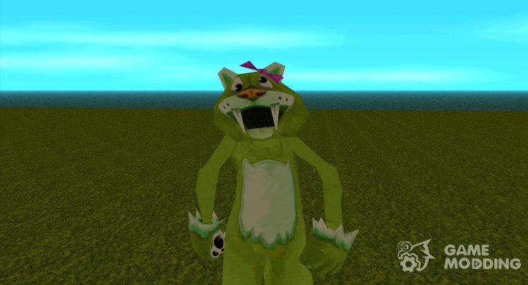 A man in a light green suit of a thin saber-toothed tiger from Zoo Tycoon 2