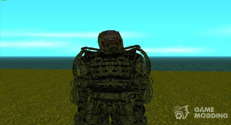 A member of the Hunters group in an exoskeleton with an upgraded helmet from S.T.A.L.K.E.R