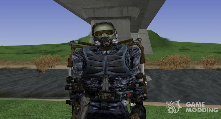 A member of the group the Searchers in a lightweight exoskeleton of S. T. A. L. K. E. R