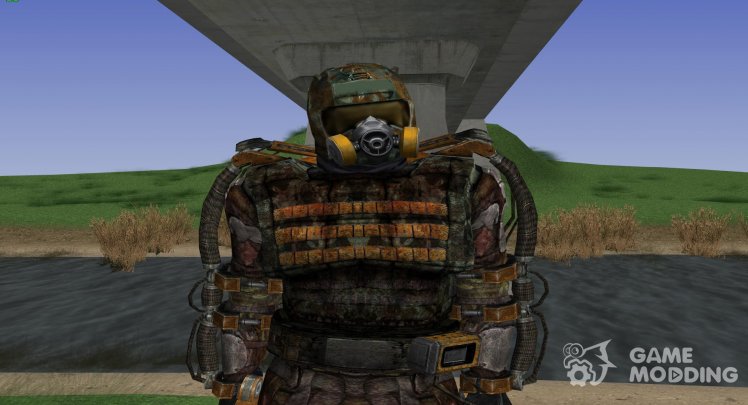 A member of the group Death Squad in the Exo with upgraded helmet of the S. T. A. L. K. E. R