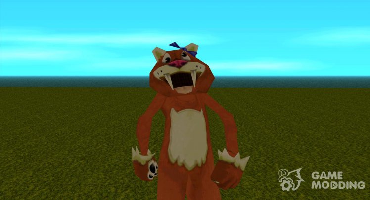 A man in an orange suit of a thin saber-toothed tiger from Zoo Tycoon 2