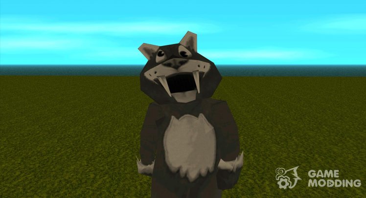 A man in a black and white suit of a fat saber-toothed tiger from Zoo Tycoon 2