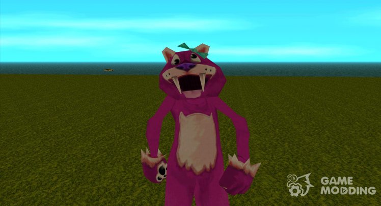 A man in a pink suit of a thin saber-toothed tiger from Zoo Tycoon 2