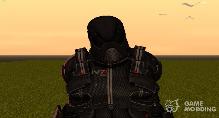 Shepard in N7 Defender and in Death Mask from Mass Effect 3