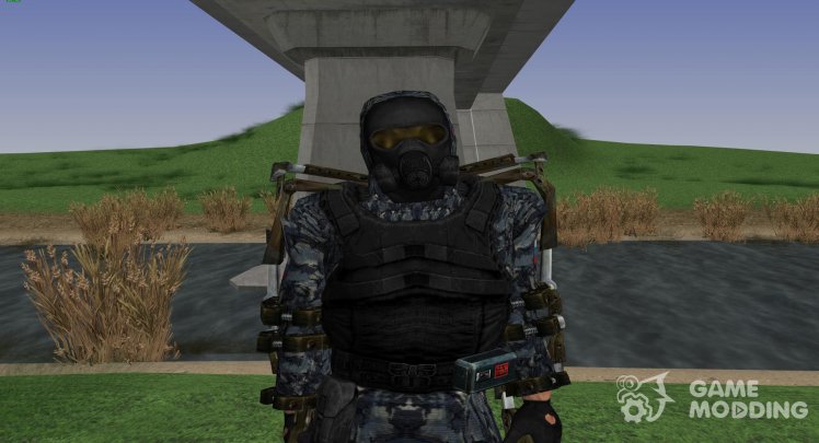 Member of the Russian special forces in the lightweight exoskeleton of S. T. A. L. K. E. R