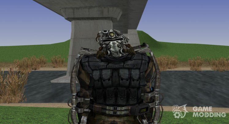 A member of the group Enclave in the superior exoskeleton with upgraded helmet of the S. T. A. L. K. E. R. V. 2