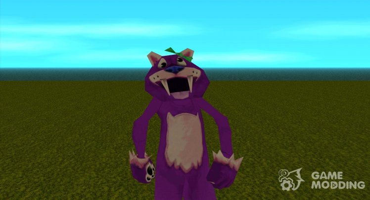 El hombre en el traje púrpura del tigre de dientes de sable delgado de Zoo Tycoon 2