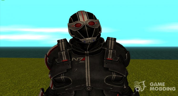 Shepard in N7 Defender and wearing a helmet Scout from Mass Effect 3