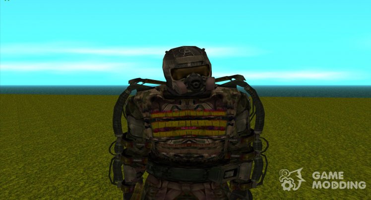 A member of the Ultimatum group in an exoskeleton with an upgraded helmet from S.T.A.L.K.E.R