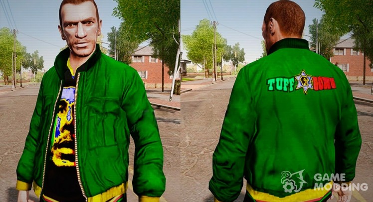 El verde de la chaqueta con la camiseta de bob marley