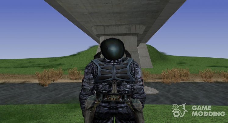 A member of the group the Searchers in a scientific suit of S. T. A. L. K. E. R