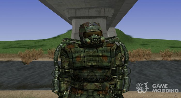 A member of the group the Liquidators in the Exo with upgraded helmet of the S. T. A. L. K. E. R