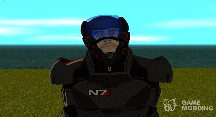 Shepard (male) wearing a Respirator Helmet from Mass Effect