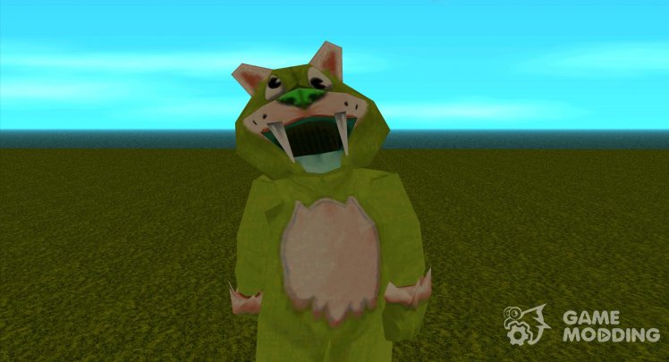 A man in a light green suit of a fat saber-toothed tiger from Zoo Tycoon 2