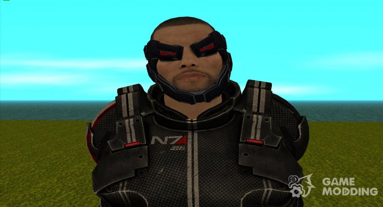 Shepard in the N7 Defender and in the helmet Delumkor from Mass Effect 3