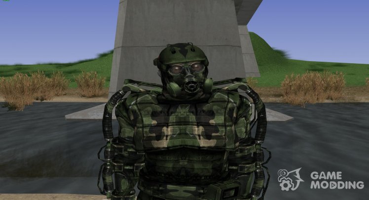 A member of the group the Avengers in the exoskeleton of S. T. A. L. K. E. R V. 1